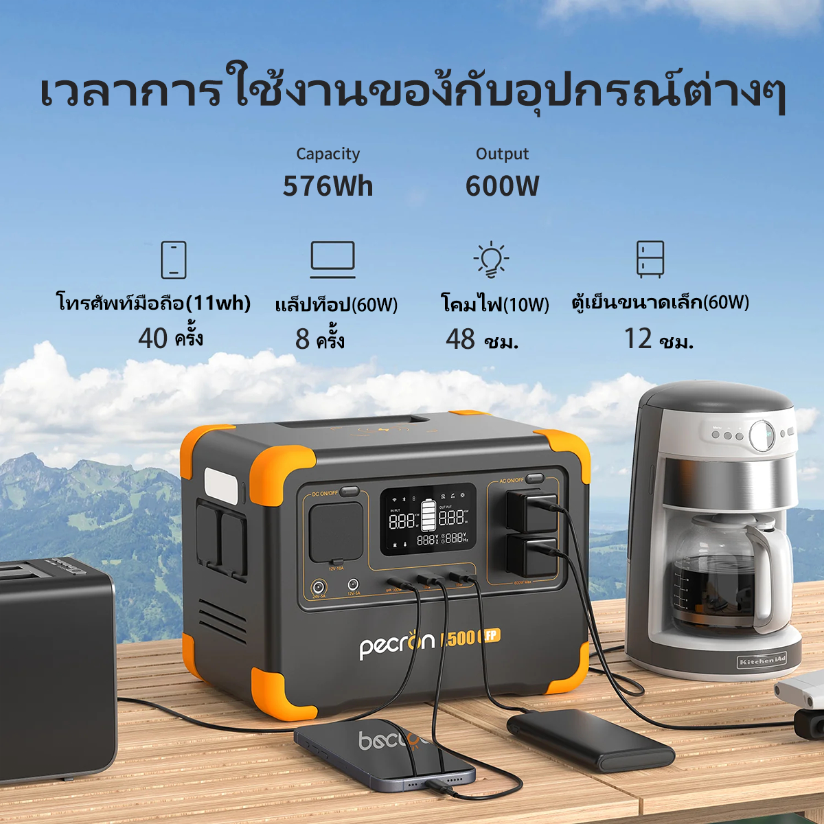 【เก็บปลายทาง】Pecron E500LFP Portable Power Station(UPS) 600W/576Wh LiFePo4 แบตสำรองพกพา แบตสำรองไฟ 220V รับประกัน2ปี
